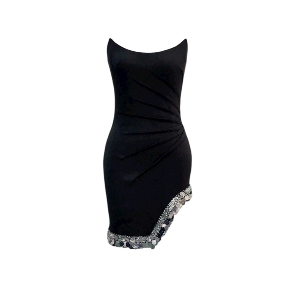 SHO by Tadashi Shoji Strapless Black Cocktail Dress Sequin Hem Ruched Size S